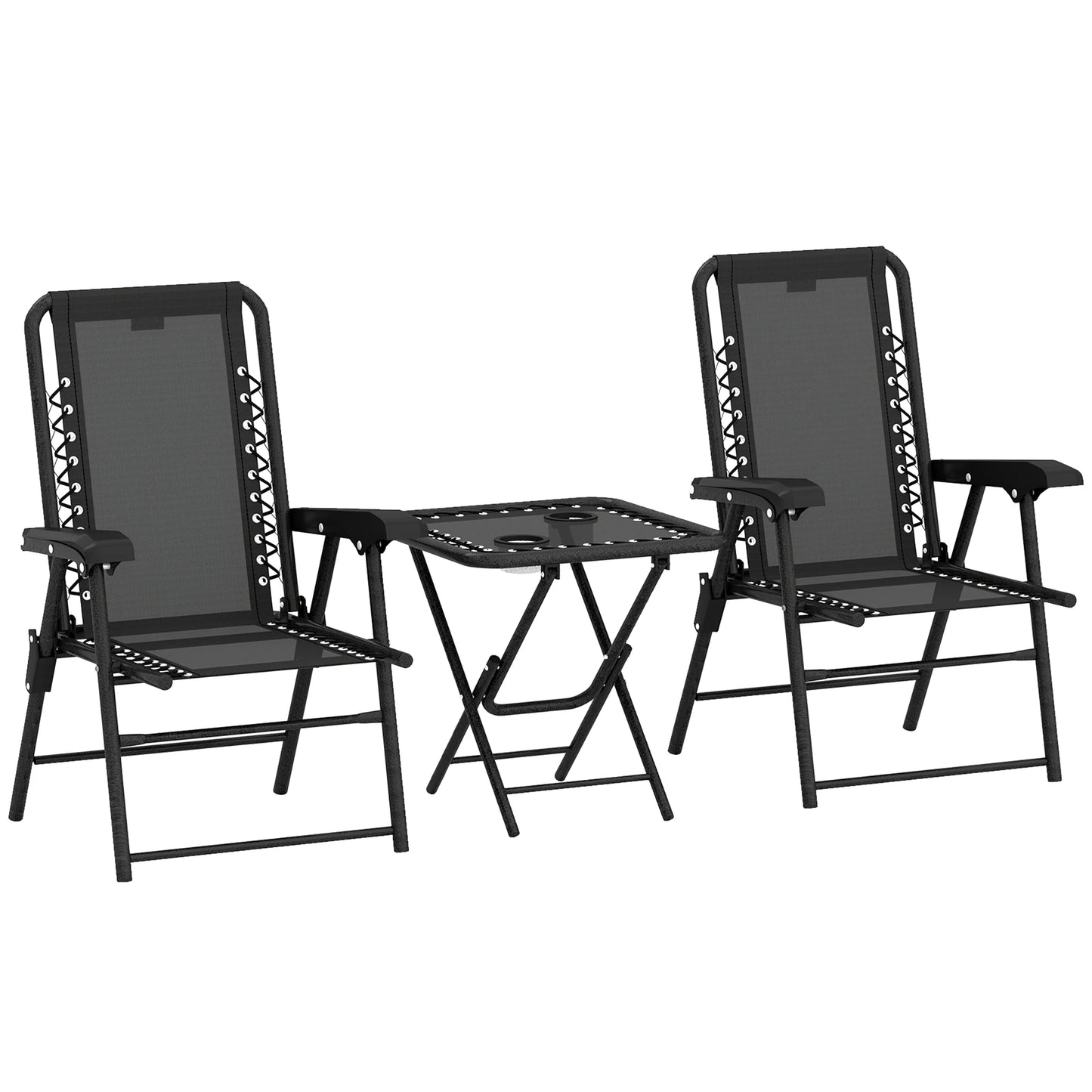 Outsunny 3 Pieces Garden Bistro Set, Folding Table and Chairs Set, Metal Garden Furniture Set with Cup Holders