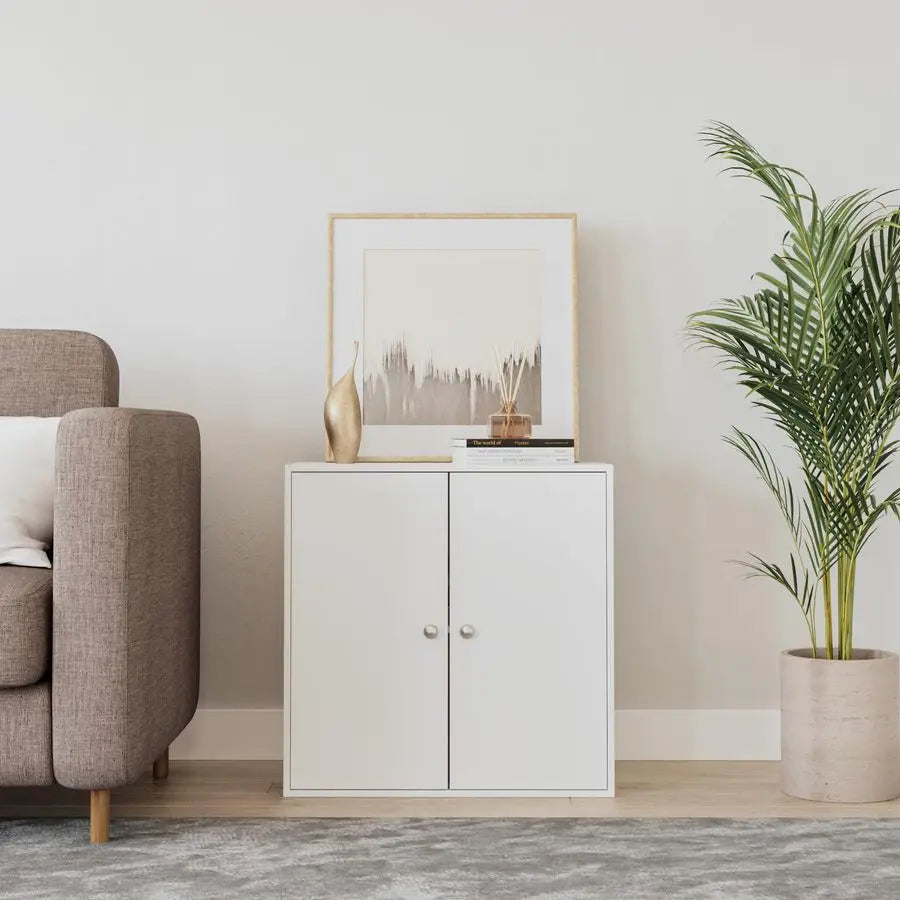 2 Tier Wooden Storage Cabinet White Unit White Doors