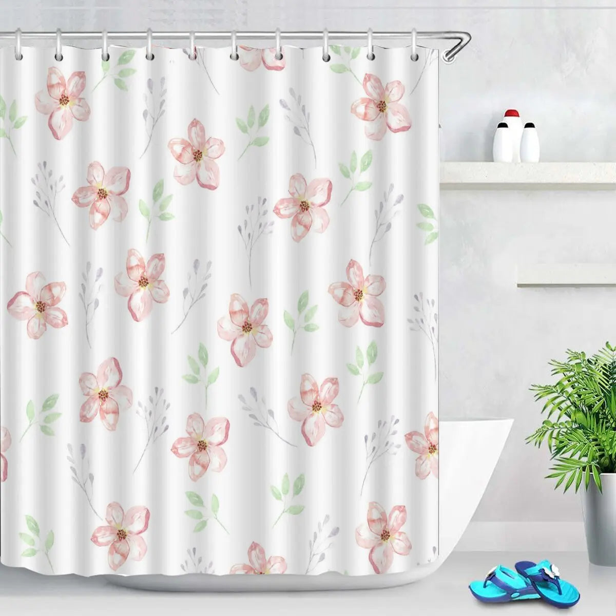 Pink Tulip Bathroom Curtain Flower Plant Shower Curtain Bathroom Polyester Waterproof Decorative Curtain with Hooks