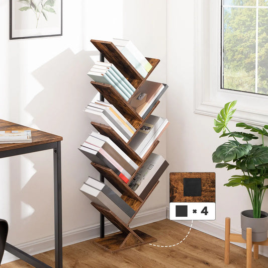 Tree Bookshelf Tall, 9-Tier Floor Standing Book Shelf, Tall Bookcase for CDs Albums, for Living Room, Rustic Brown and Black