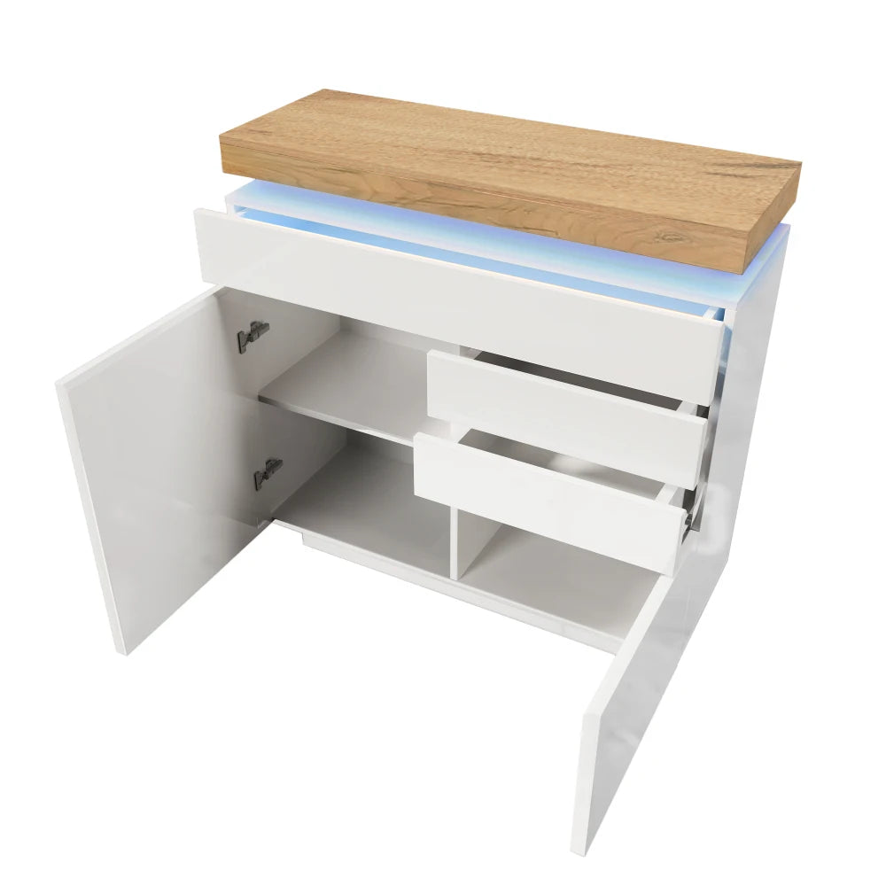 PINGGO Chest of Drawers,High-gloss Sideboard Cabinet with 2 Doors and 3 Drawers,Storage with RGB LED,115 x 110 x 39 cm, White