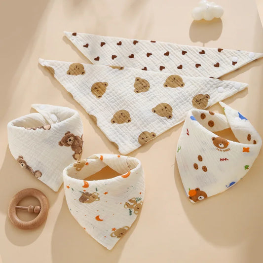 0-2Year Baby Bibs Saliva Scarf 5Pcs Triangle Scarf Cartoon Bear 4-Layer Linen Cotton Newborn Boy Girl Absorbent Cloth Baby Bibs