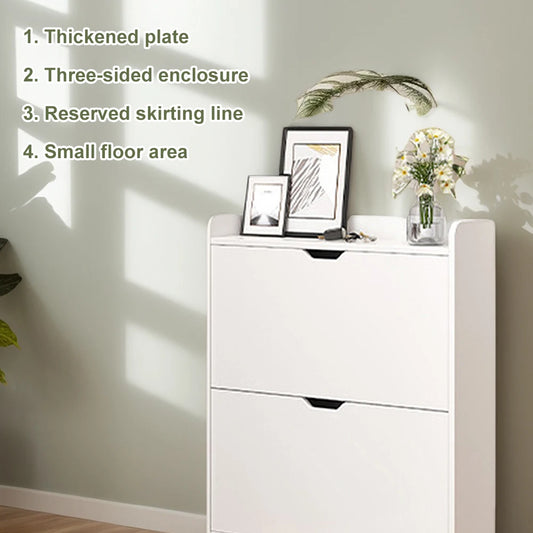 2-Tier Wooden Entrance Shoe Cabinet with Flip Drawers Shoe Organizer Cabinet Space Saving Free-Standing Shoe Cabinet for Hallway