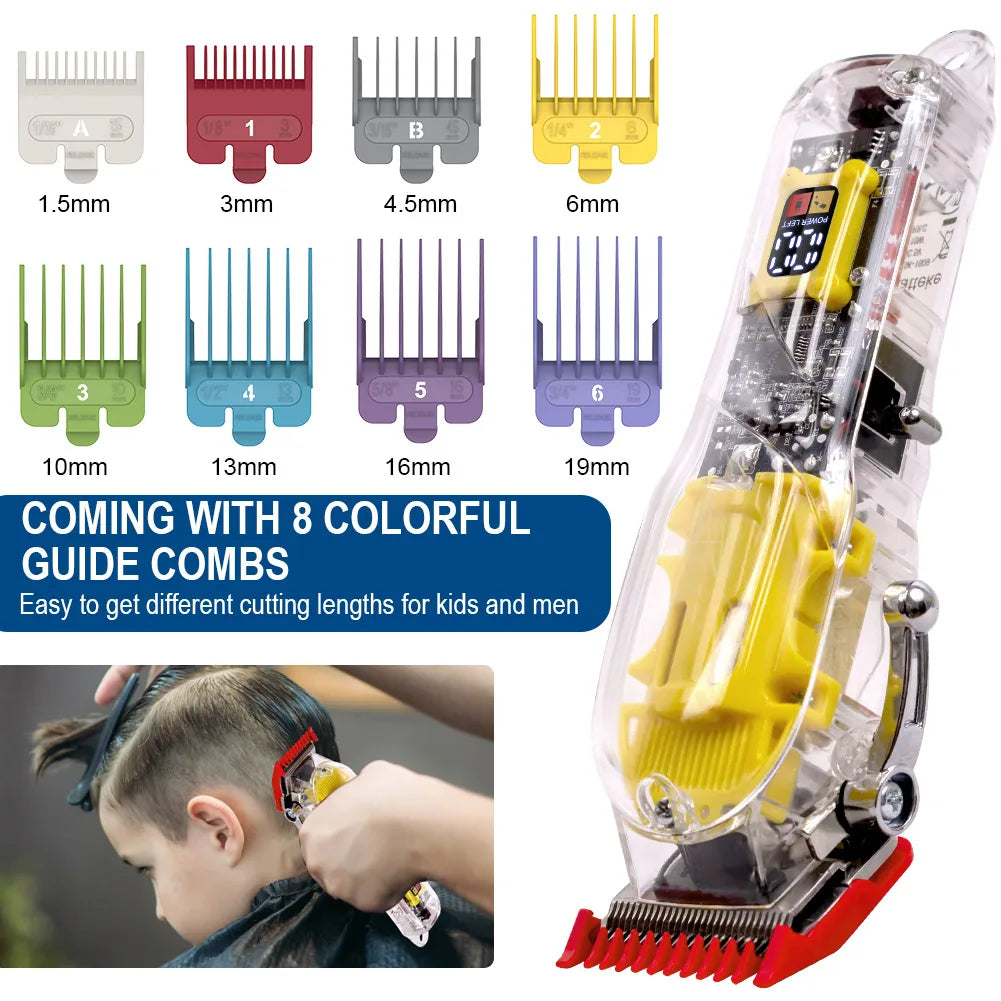 Hatteker Transparent Professional Hair Clipper USB Rechargeable Trimmer with LED Display Cordless Cutting Grooming Tool for Men