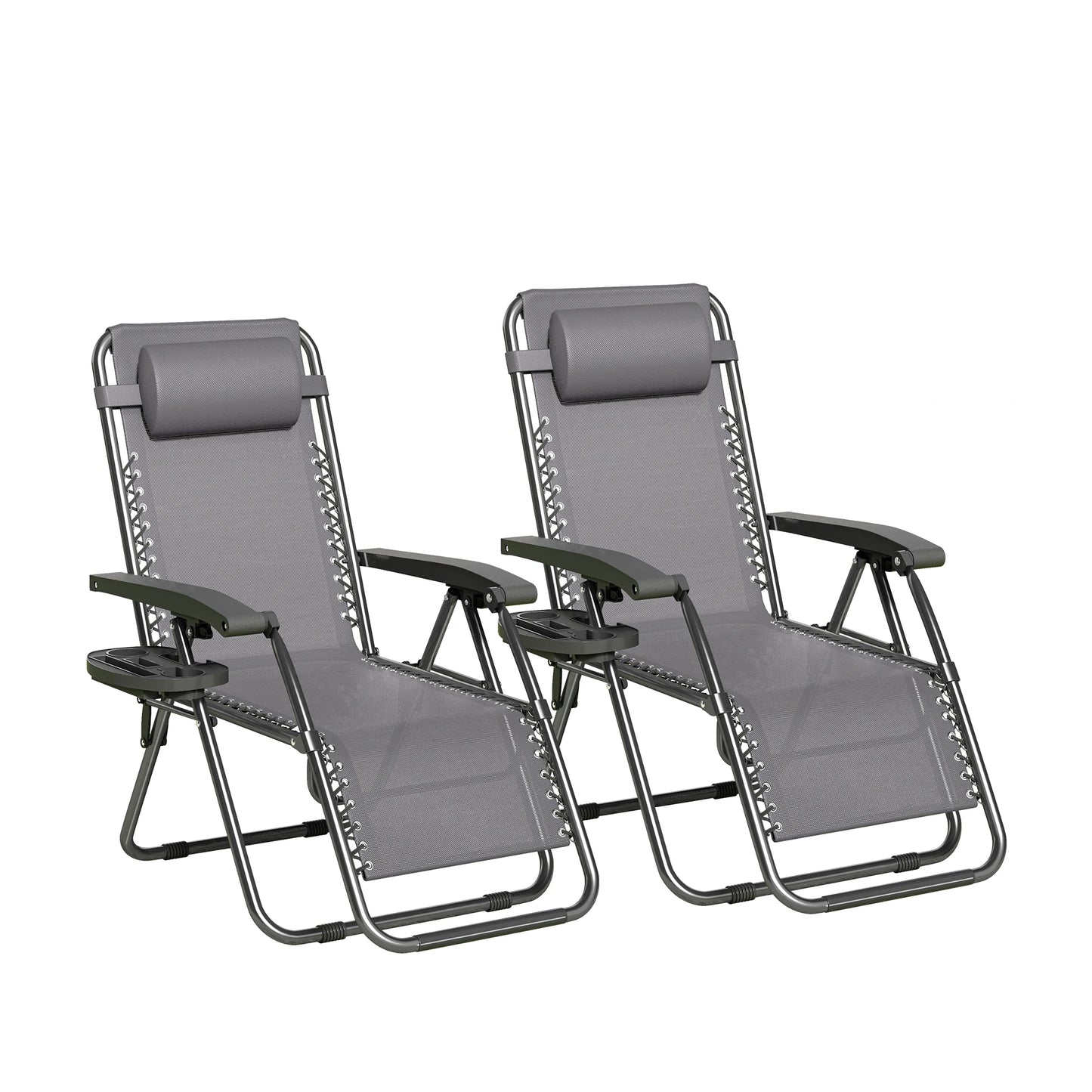 Zero Gravity Reclining Chair Set of 2 – Folding Outdoor & Garden Chairs with Textilene Fabric, Cup Holder and Headrest Pillow