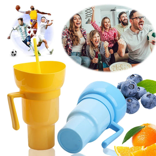 1000ml Portable Snack Container Multifunction Stadium Tumbler Popcorn Beverage Cup with Straw & Handle for Cinema Home Travel