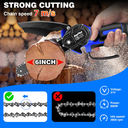 21V 6 Inch Mini Cordless Chainsaw Electric One-Hand Saw Wood Cutter for Wood Cutting Tree Trimming (1 Battery and Charger)