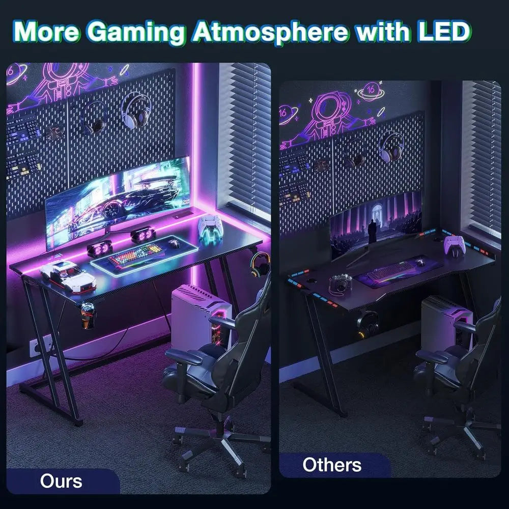 Carbon Fiber Black 80cm LED Gaming Desk with Cup Holder and Peg Hook