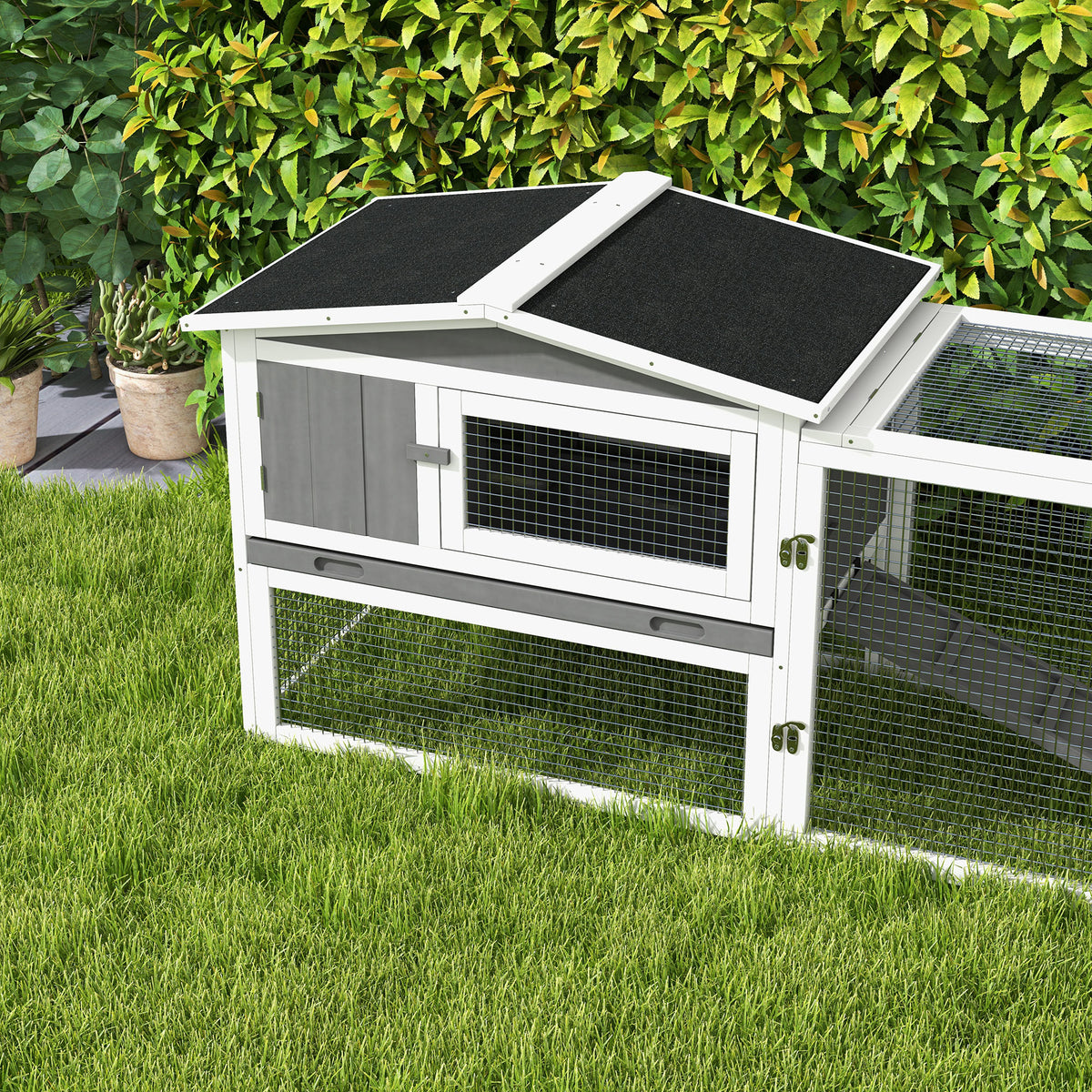 PawHut Rabbit Hutch with Ramp Wooden Guinea Pig Hutch Outdoor Bunny Cage with Sliding Tray, Hay Rack, Grey