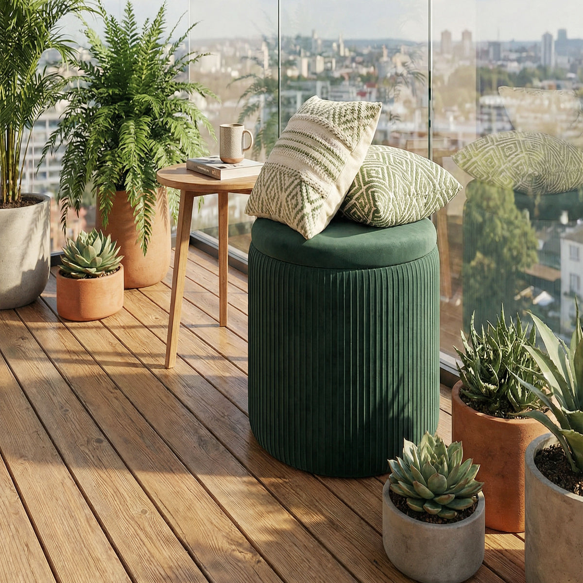 HOMCOM Storage Ottoman Modern Velvet Round Foot Stool for Living Room Bedroom 45 cm Dark Green