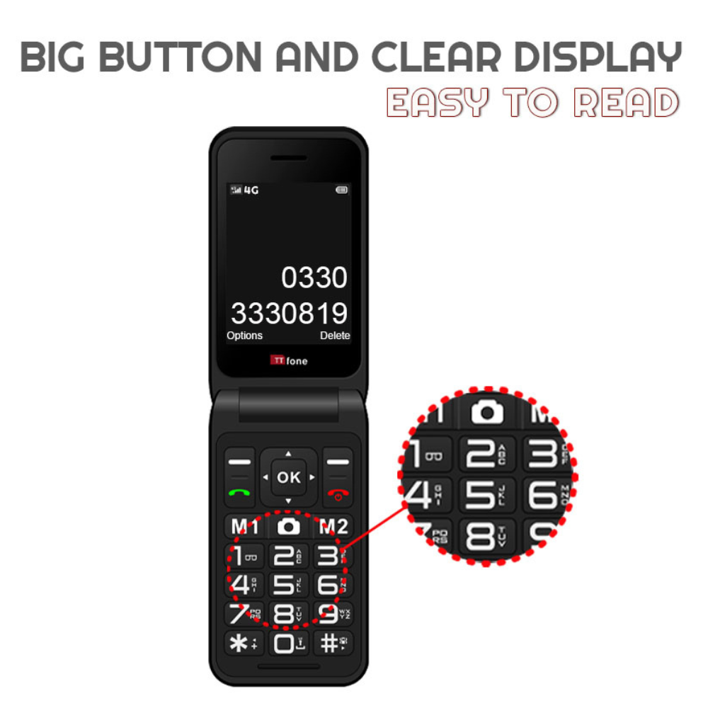 TTfone TT760 4G USB-C Mobile Phone for the Elderly, Simple and easy to use flip folding cell cheap and easy to use - Black with Mains Charger and EE Sim Card