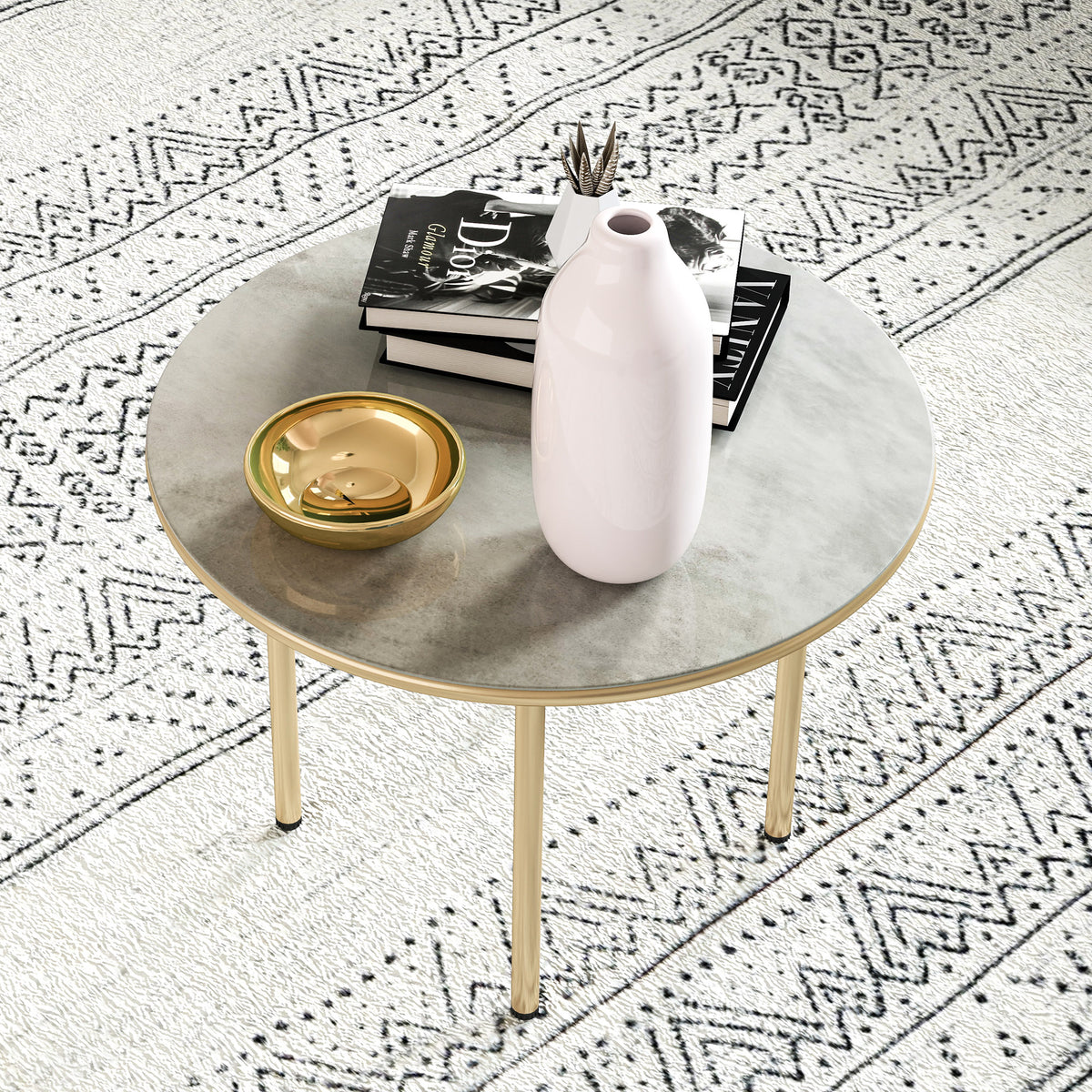 Outsunny Round Coffee Table, Modern End Side Table with Faux Marble Tempered Glass Top, Steel Frame for Living Room, Bedroom, Office, Beige