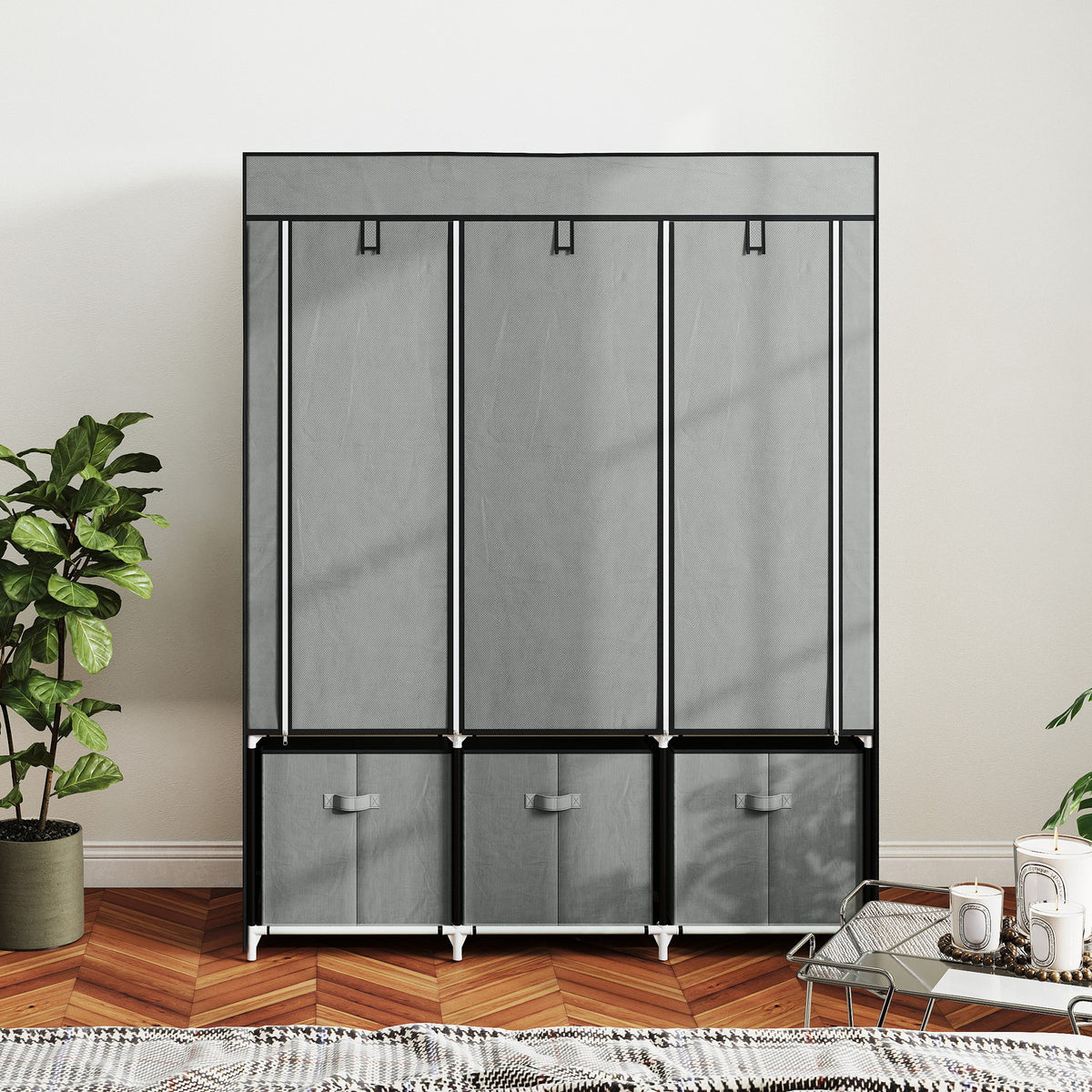 HOMCOM Foldable Fabric Wardrobe for Bedroom, Portable Wardrobe with 5 Shelves, 2 Hanging Rails and 3 Fabric Drawers, Light Grey