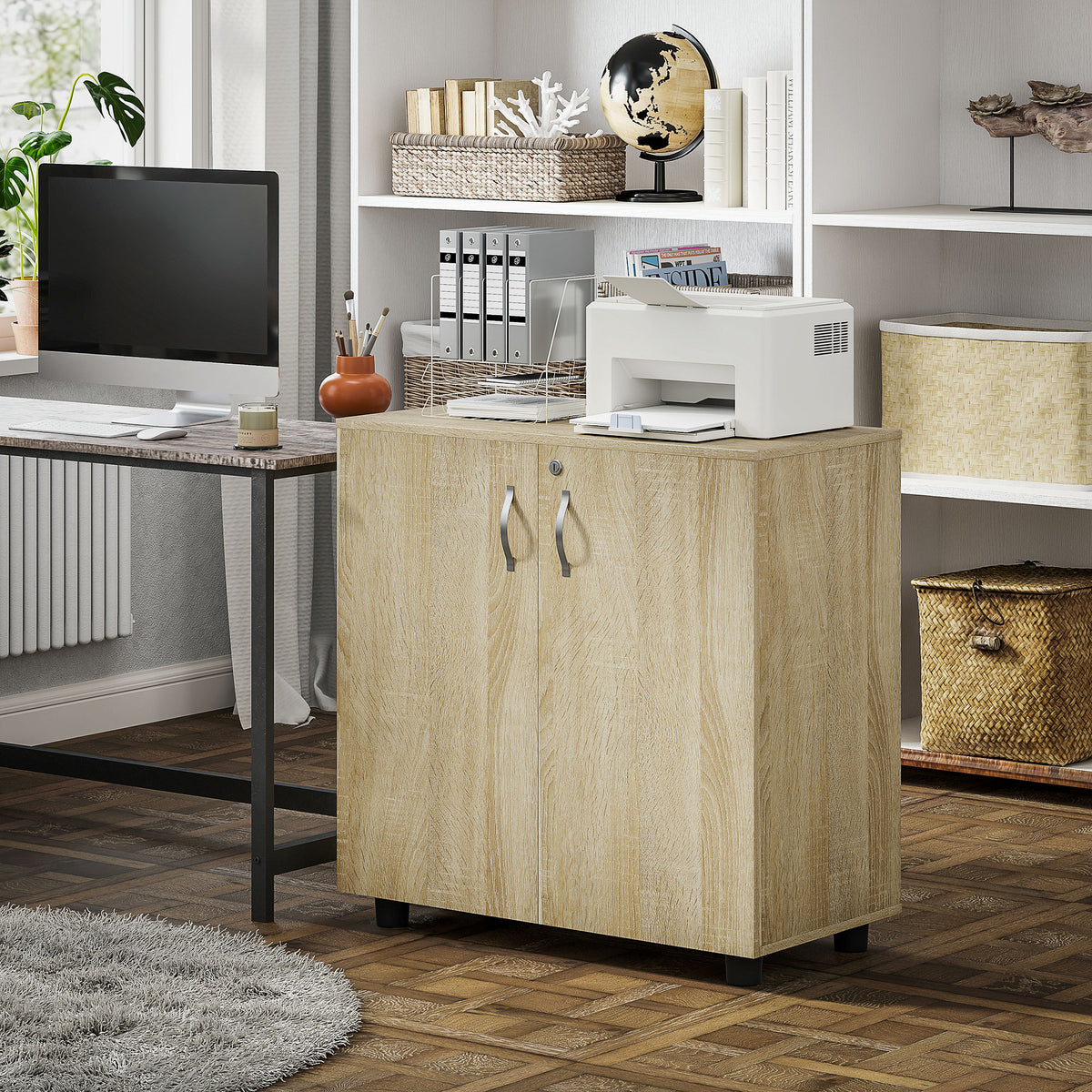 Vinsetto Two-Tier Locking Office Storage Cabinet - Oak
