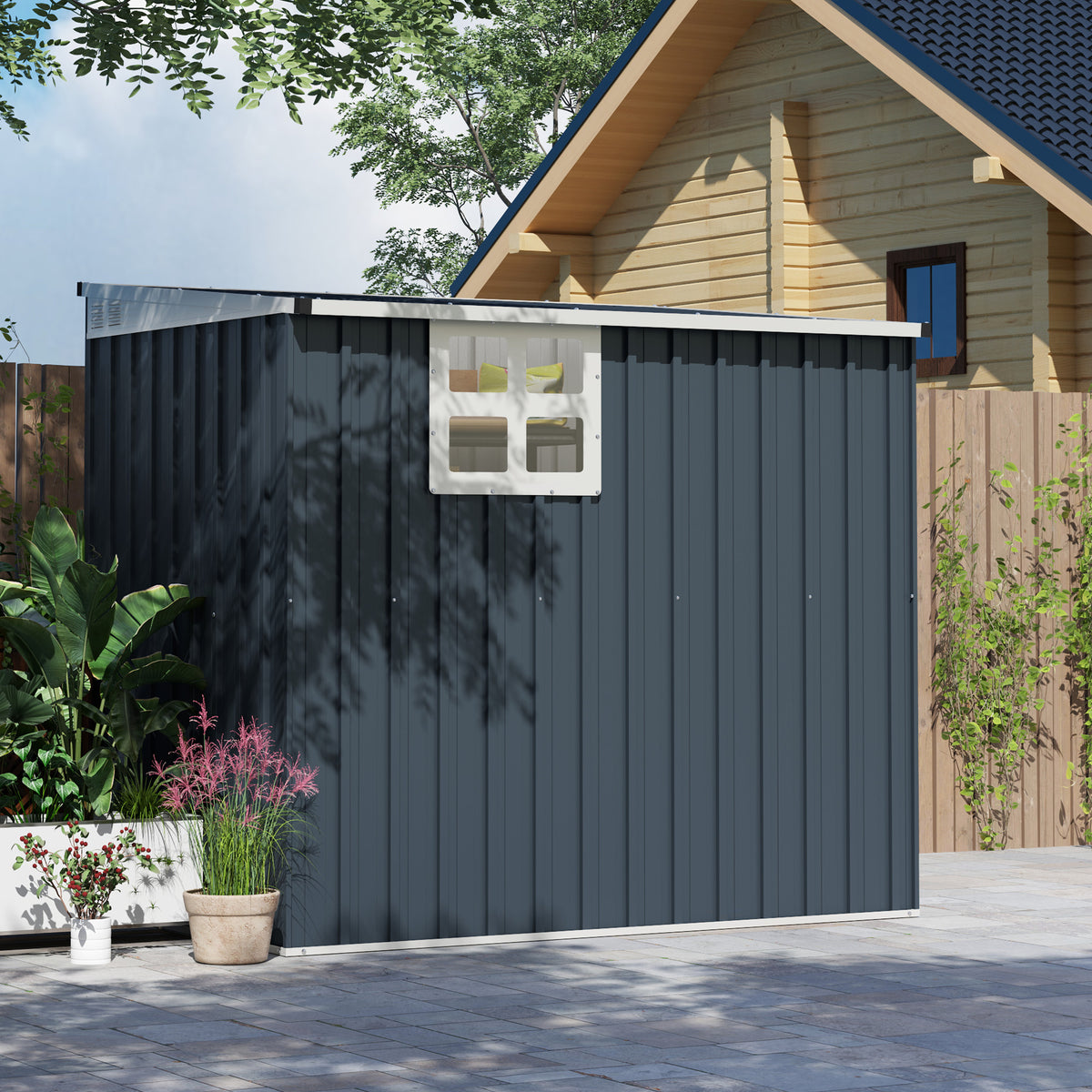 Outsunny 4 x 6ft Lean to Garden Metal Shed, Outdoor Storage Shed with Window, 2 Vents and Lockable Door for Patio, Dark Grey