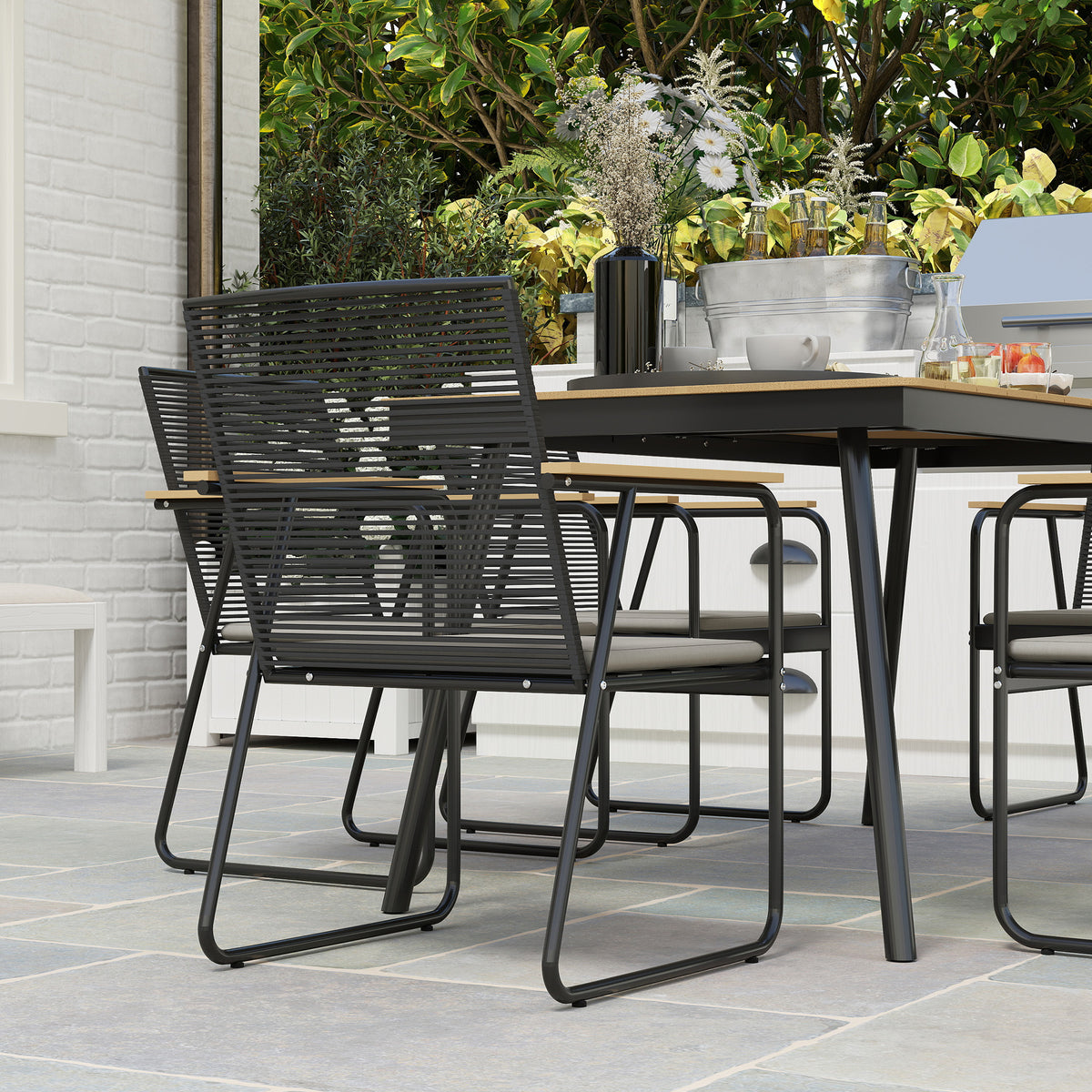 Outsunny 6‑Seater Garden Dining Set with Cushions, Rattan Backrest, Plastic Top, Garden Furniture Set, Natural Wood Finish