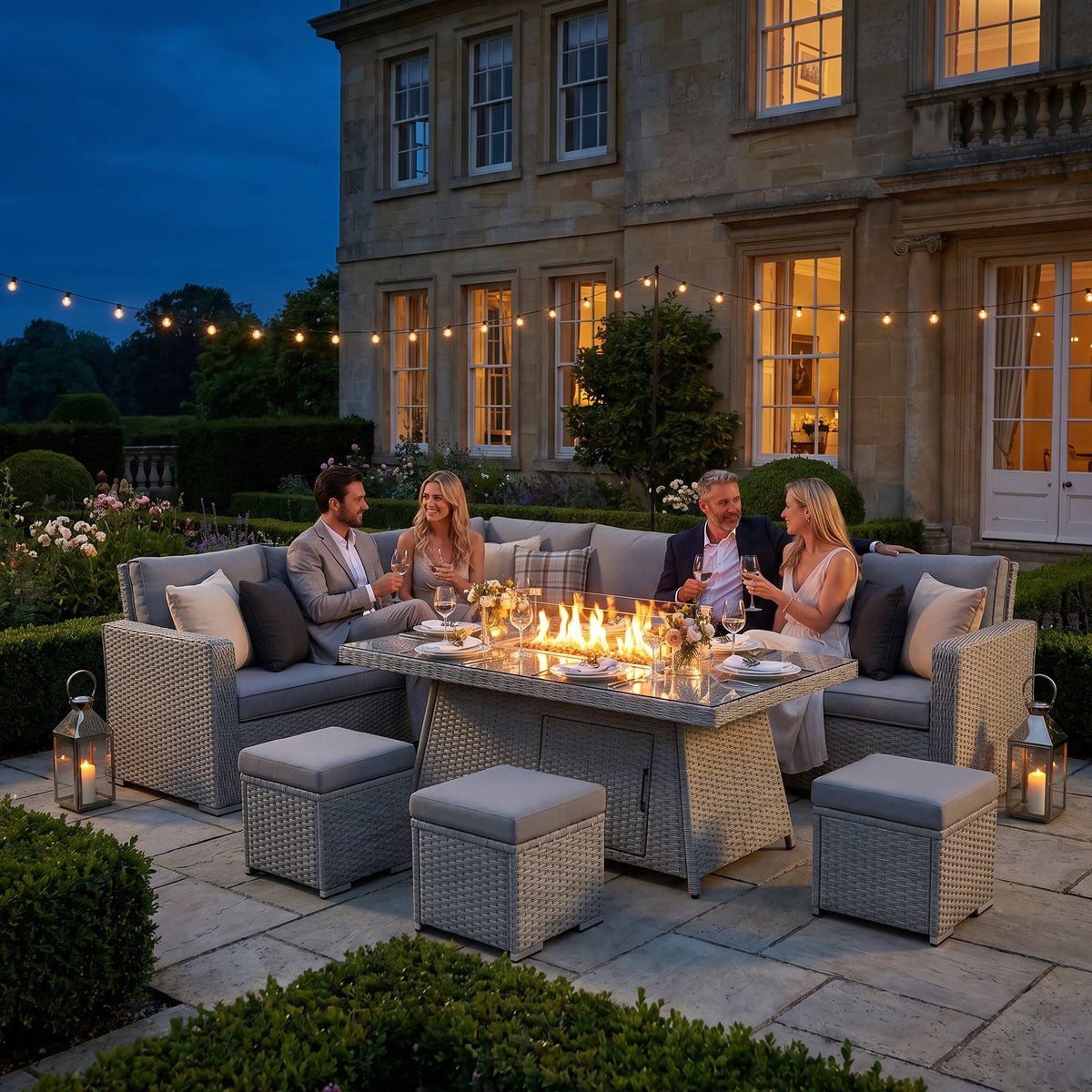 Outsunny Seven-Piece Firepit Table Rattan Sofa Set - Grey
