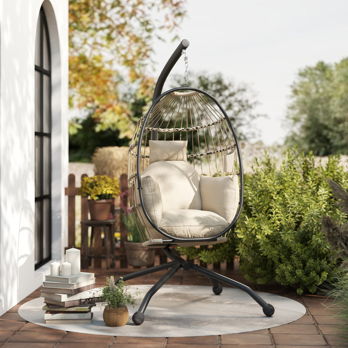 Outsunny Hanging Egg Chair Outdoor Indoor Garden Swing Chair with Folding Basket and Thickened Cushion, Garden Hanging Chair with Stand, Headrest, Cup Holder for Patio, Balcony, Khaki