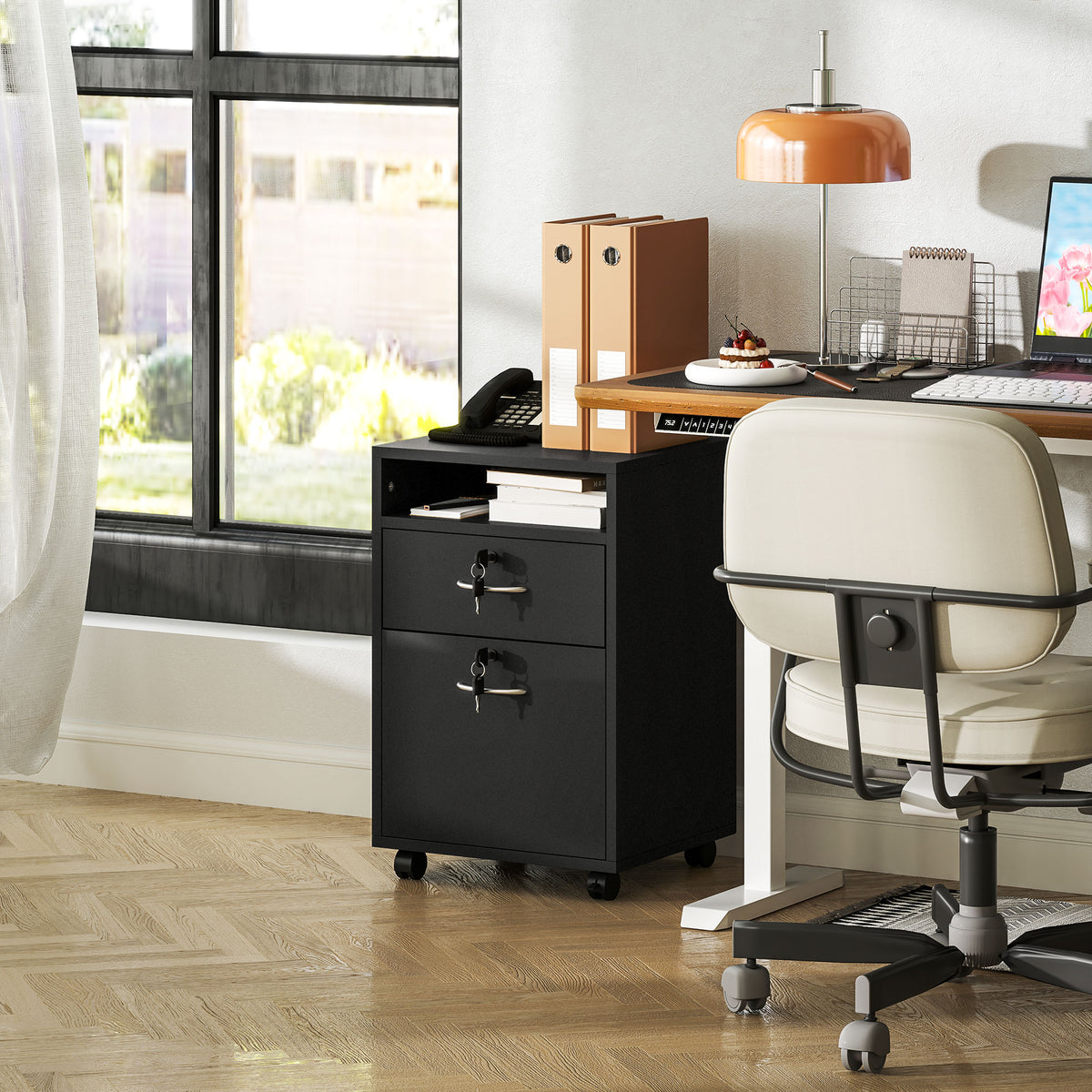 HOMCOM Filing Cabinet, Mobile File Cabinet with 2 Lockable Drawers, Office Home Organiser on Wheels for A4, Letter-Size File Folders, Mobile Printer with Open Shelf, Black