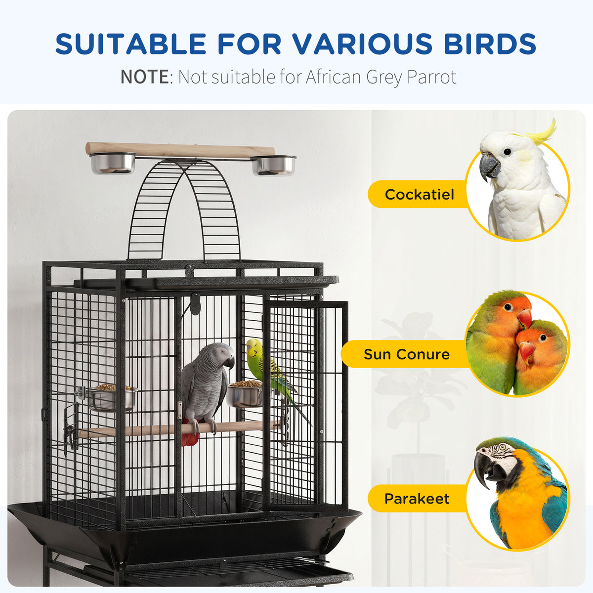 PawHut 156cm Bird Cage, Parrot Cage with Open Play Top, Perch, Seed Guard, Wheels, Storage Shelf, Dark Grey
