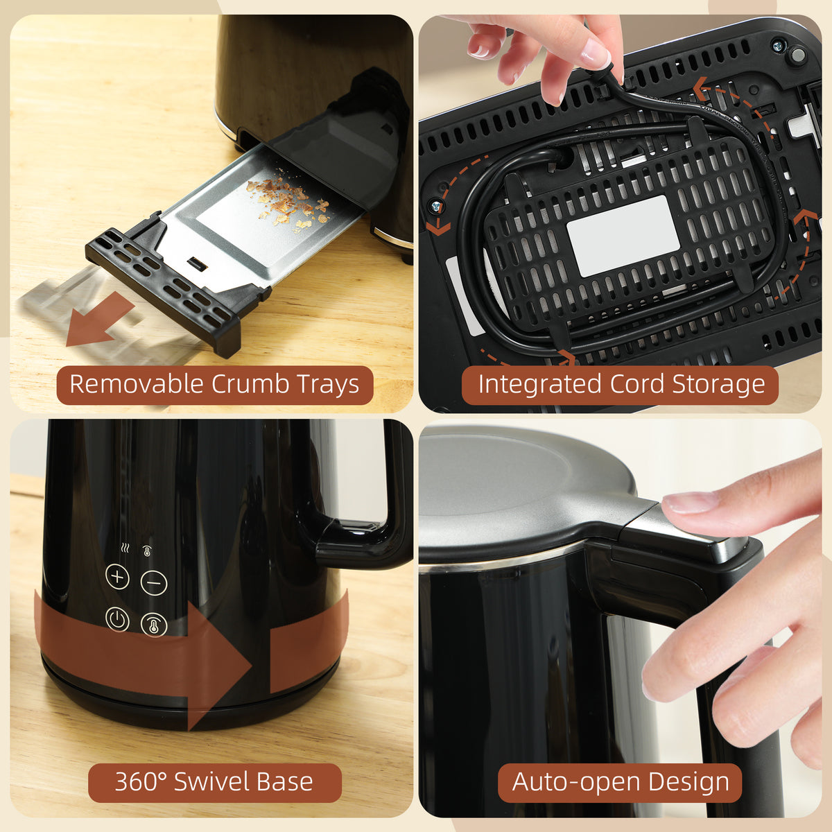 HOMCOM Polished Stainless Steel Kettle and Toaster Set - Black