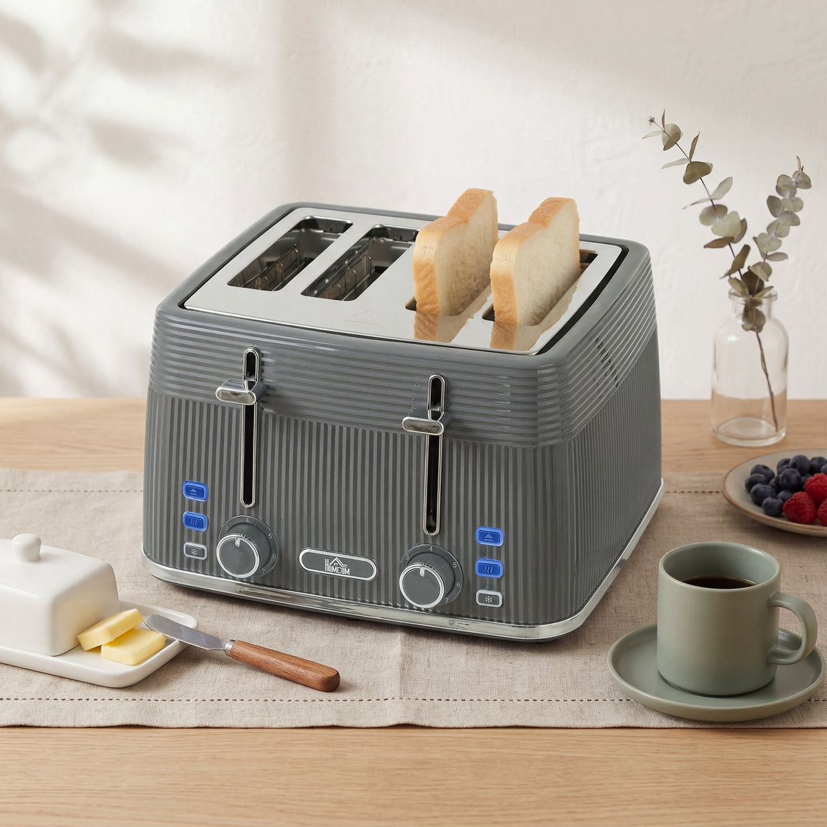 HOMCOM 4 Slice Toaster with 7 Browning Levels, Bread Toaster with Removable Crumb Tray, Grey