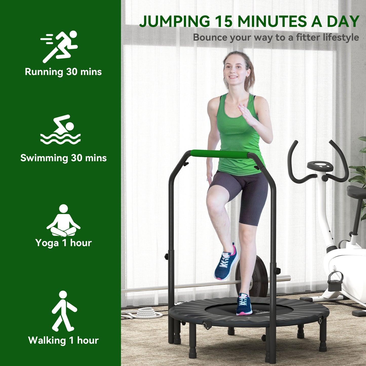 HOMCOM 40" Foldable Mini Trampoline with Adjustable Foam Handle, for Cardio Training, Green
