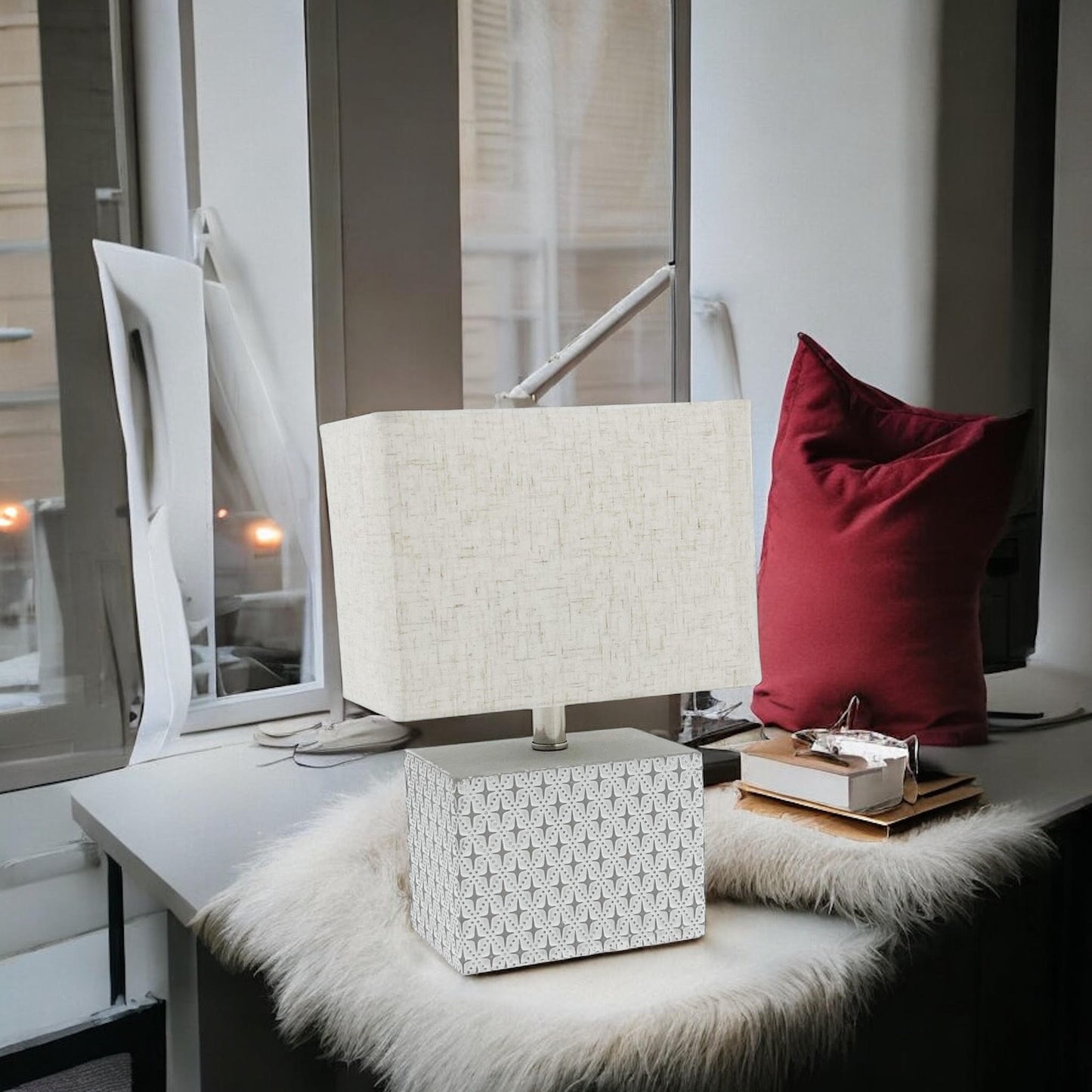 Stylish & Elegant Art Deco Cream-Grey Cement Table Lamp with Diamond Pattern & Off-white Fabric Energy Efficient Empire Shade for Bedroom, Office, Home Decor Lighting (Square -20cm-15cm-10cm)