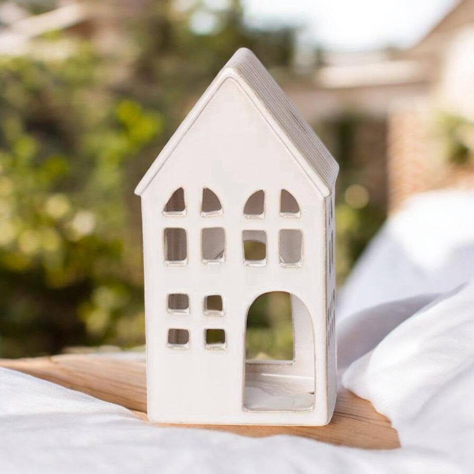 Modern Village Ceramic Tea Light Holder – House-Shaped Pottery Décor with Painted Finish, Free-Standing, Stylish Indoor Decoration for Living Room, Bedroom, Office & Gifts (21cm Candle Holder)