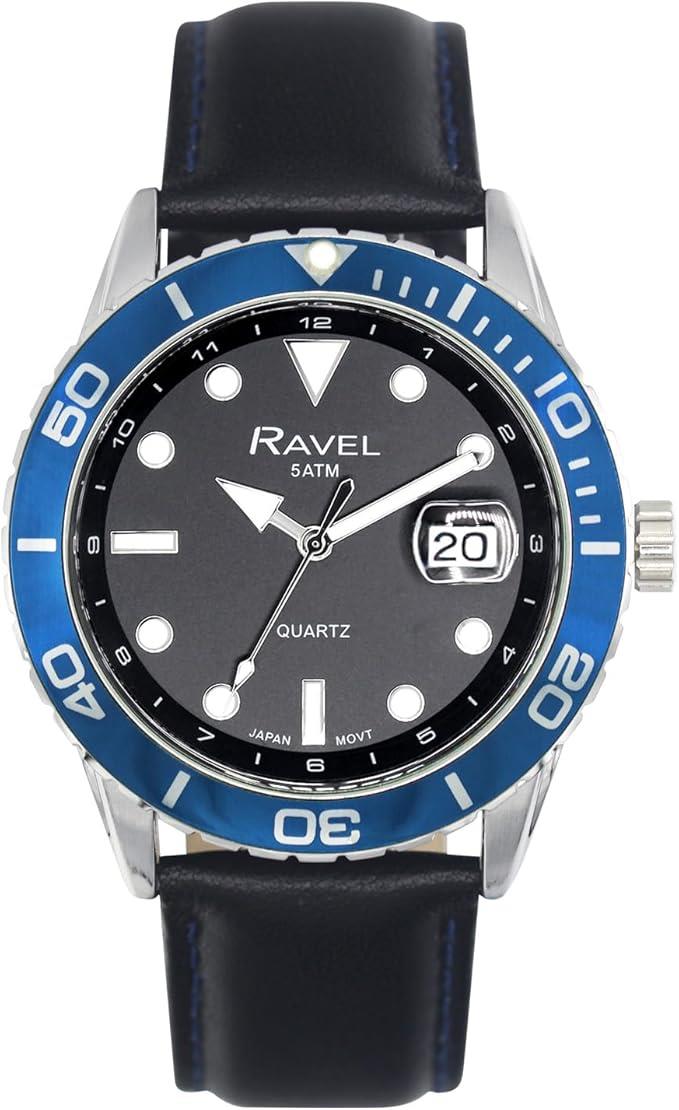 Ravel Mens Fashion Sports 42mm Round 5ATM Dated Dial Rotating Uni-Directional Bezel Black Leather Strap Watch RPD-M