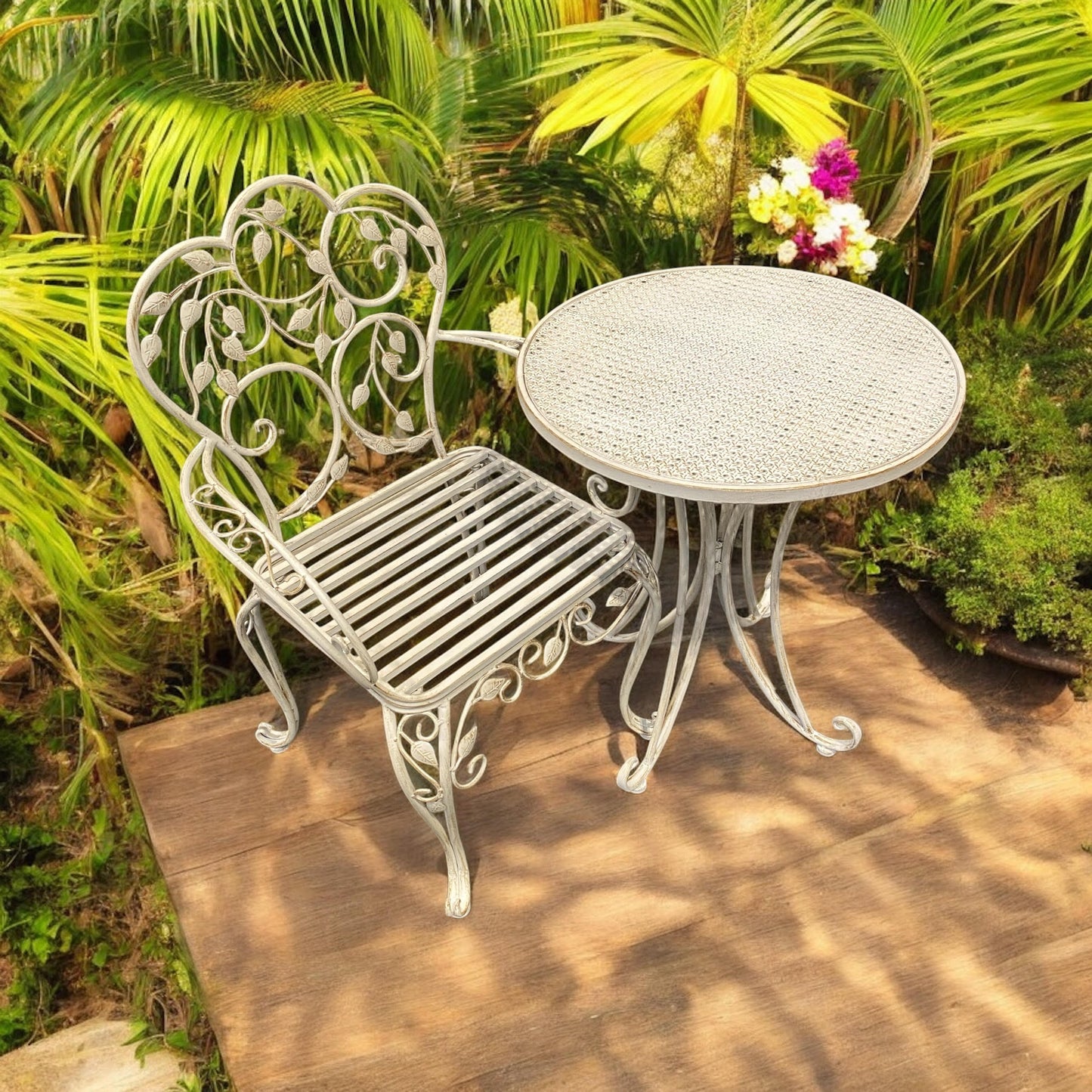 AcaciaHome Durable Metal Garden Bistro Set 3-Piece – Stylish Outdoor Round Table & Two Chairs with Weather-Resistant Finish, Compact Design for Balcony, Patio, Garden & Small Spaces (Silver)