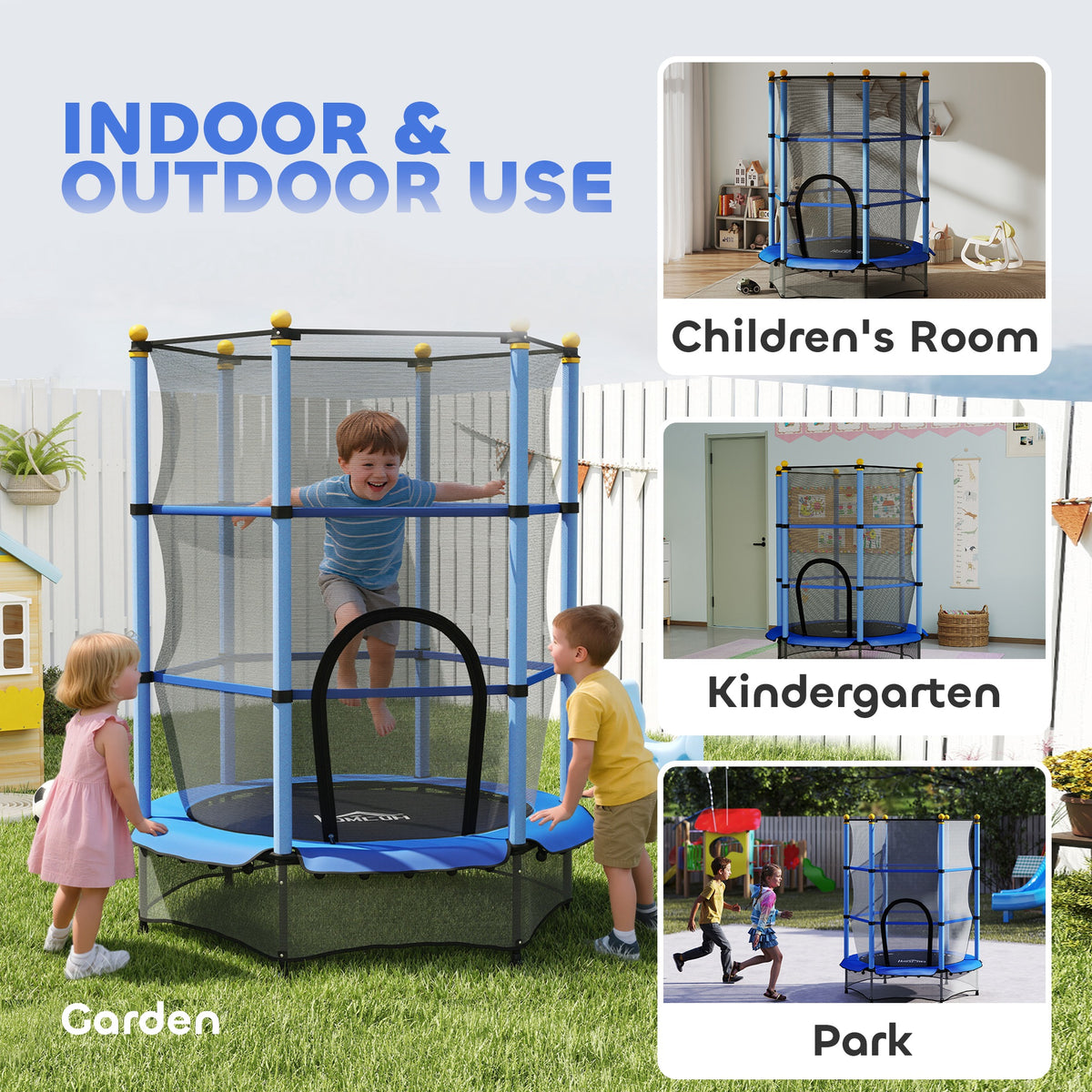 HOMCOM 4.6FT/55" Kids Trampoline with Enclosure Net, Outdoor Indoor Use, for Ages 3-10 Years, Blue