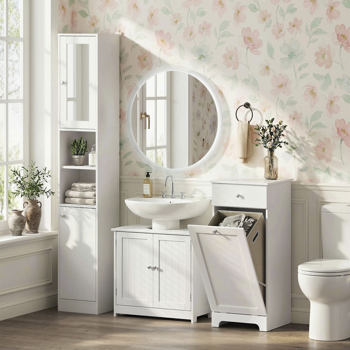 kleankin Under Sink Bathroom Cabinet, Freestanding Under Sink Cabinet with 2 Doors and Adjustable Shelf for Basin without or with Pedestal, White