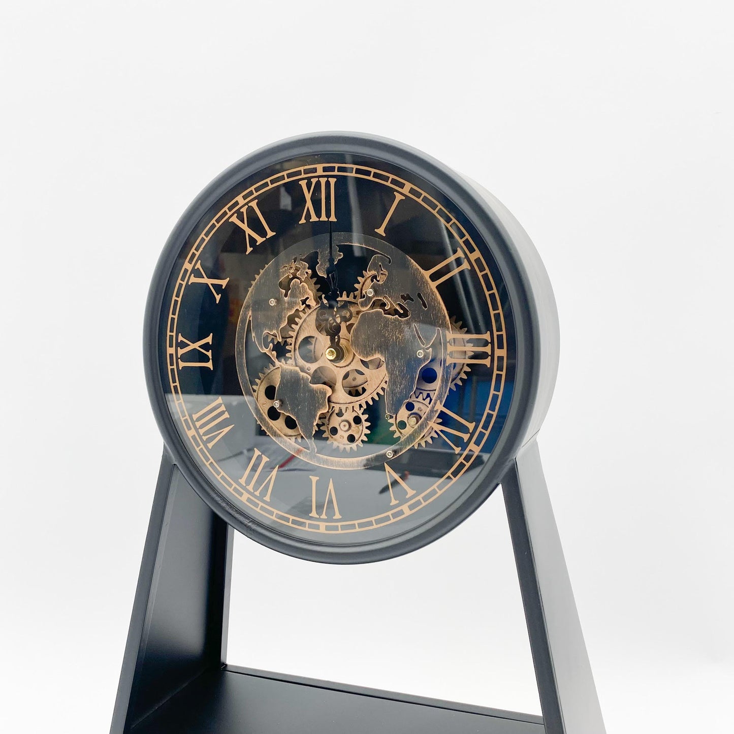 AcaciaHome Sleek Black & Gold Mantel Gear Clock with Silent Sweep - Moving Gears, Mid-Century Modern Design, Quartz Battery-Powered Movement - Metal Frame for Bedrooms, Offices, or Dining Rooms