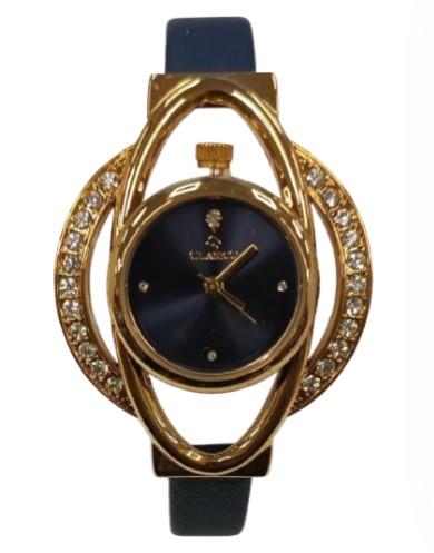 Clasico Ladies Bling Fashion Water Resistant Gold/Blue Dial Blue Leather Strap Bracelet Watch