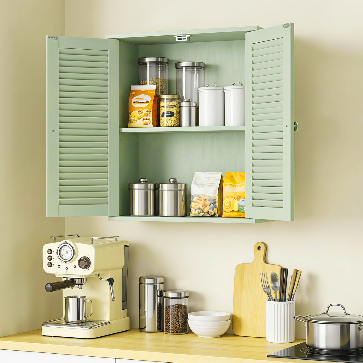 HOMCOM Bathroom Cabinet, Bathroom Wall Cabinet with Louvered Doors and Adjustable Shelf Storage for Kitchen, Light Green