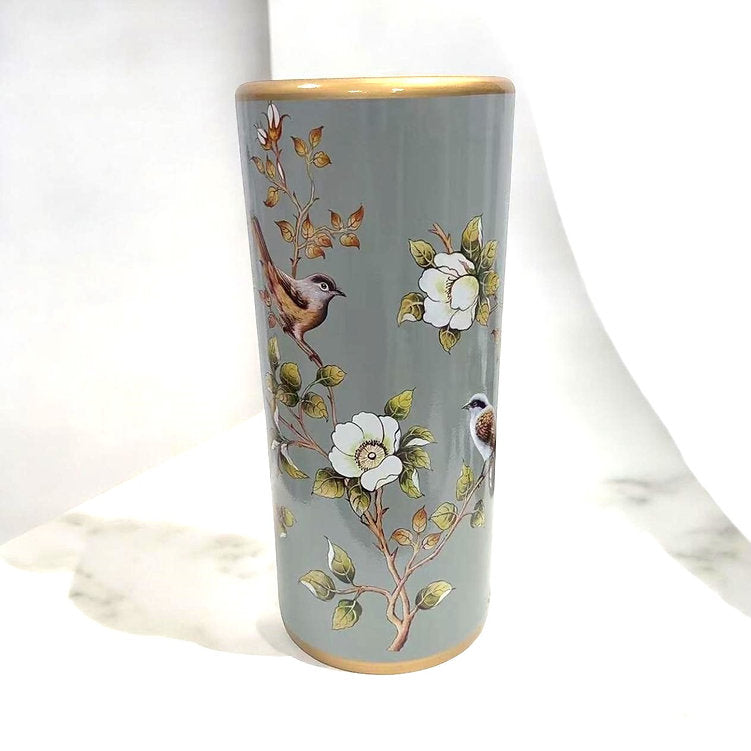 Classic Ceramic Round 18” Tall Umbrella Stand – Multi-Functional Holder or Decorative Vase, with Durable Glazed Finish for Home, Office, or Entryway (Grey Floral Leaf Design)