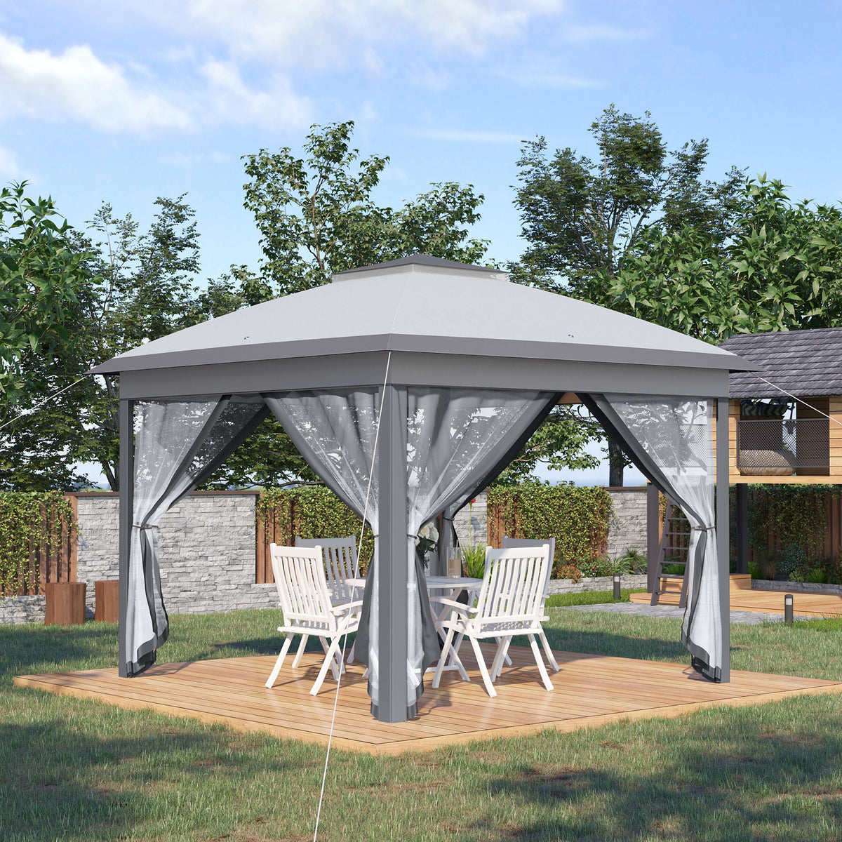 Outsunny 3.3 x 3.3m Pop Up Gazebo, Double Roof Foldable Canopy Tent with Zipped Mesh Sidewalls, Height Adjustable and Carrying Bag, Event Tent for Patio Garden, Grey
