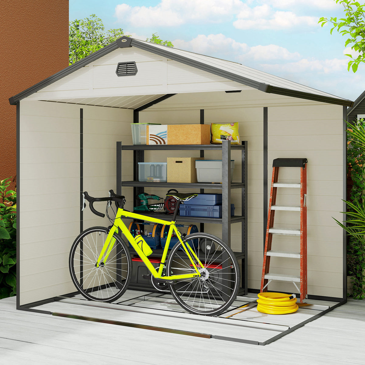 Outsunny 7.9ft x 6.2ft Recycled Garden Shed with Aluminium Frame and Plastic, Wall Shed with Foundation, Waterproof and Rustproof - Cream White