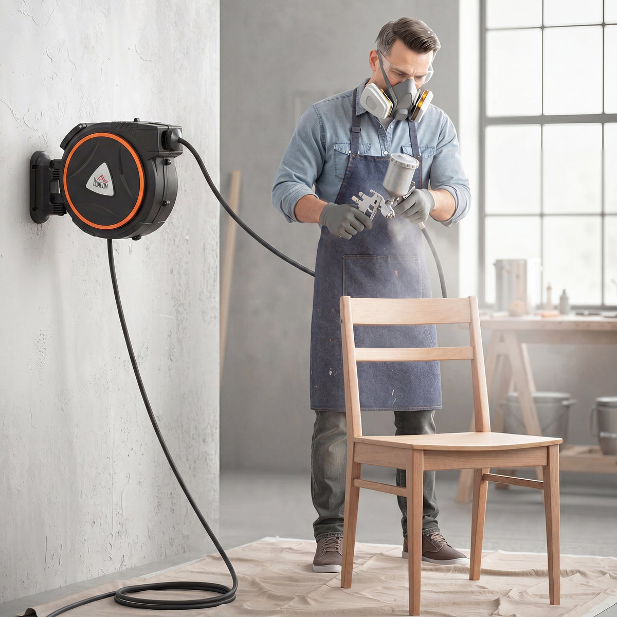 HOMCOM Auto Rewind Hose Reel, Retractable Air Hose Reel 15 m and 1.5 m, 150 Bar with 1/4" BSPT Connector, Black