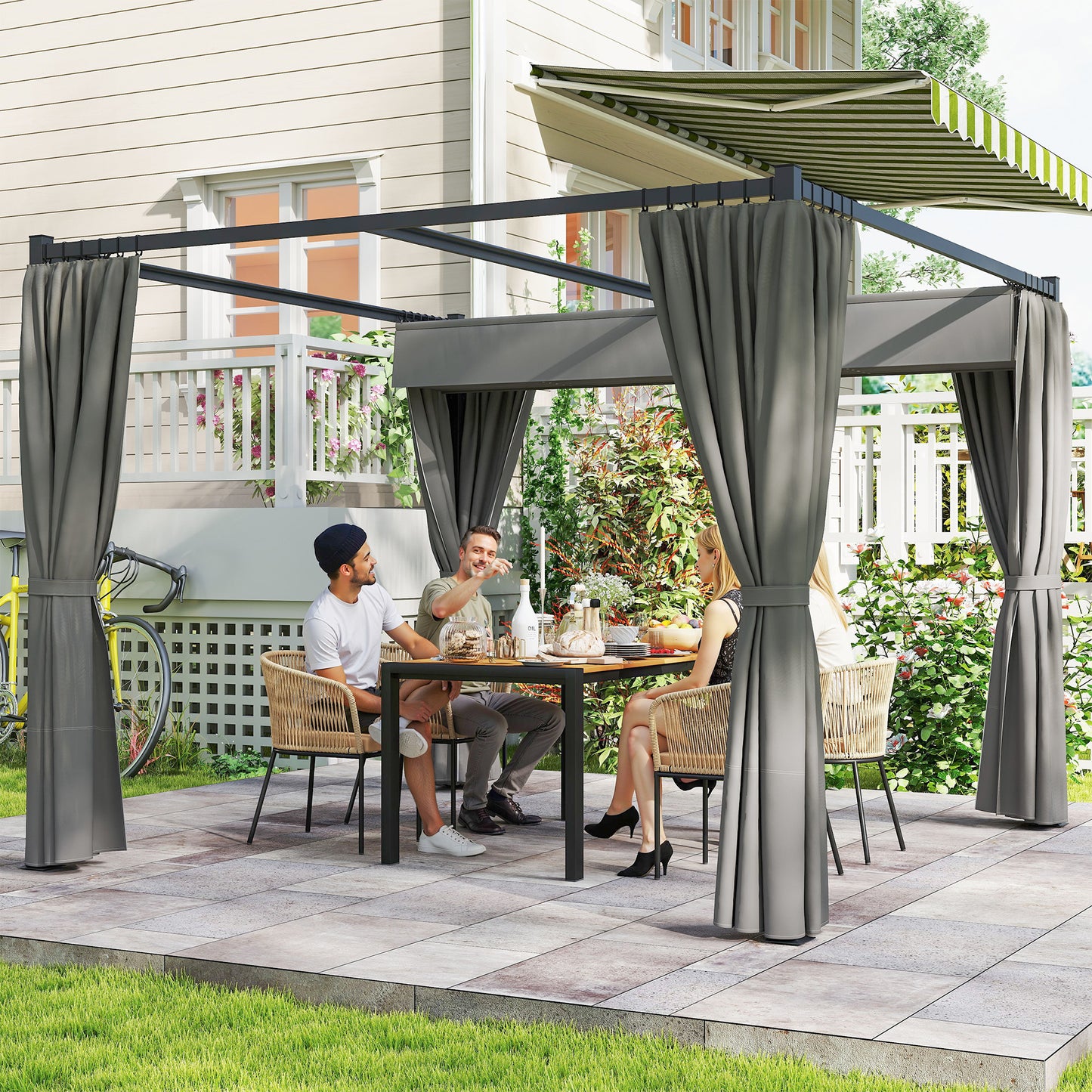 Outsunny 3 x 3(m) Pergola with Retractable Roof and Curtains, Light Grey