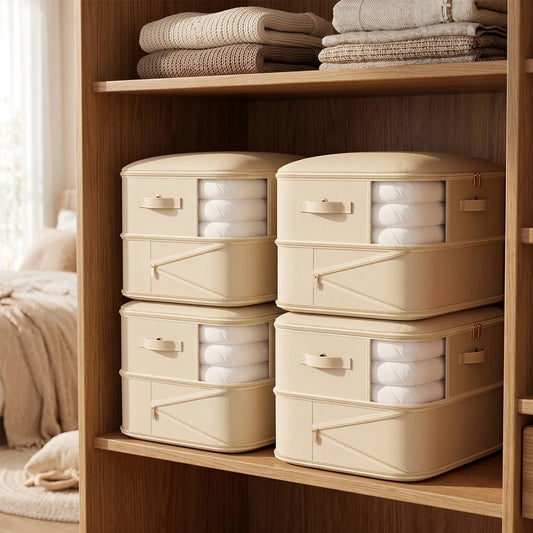 NEW 4x Clothes Storage Bags With Zips Bedroom Large Collapsible Storage Box Bedding UK-Beige