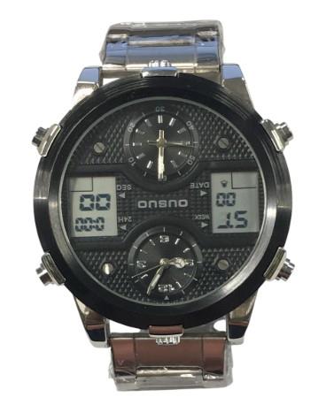 Ousuo Mens Fashion Ana Digital Big Dated Black Dial Silver Plated Bracelet Watch NY London