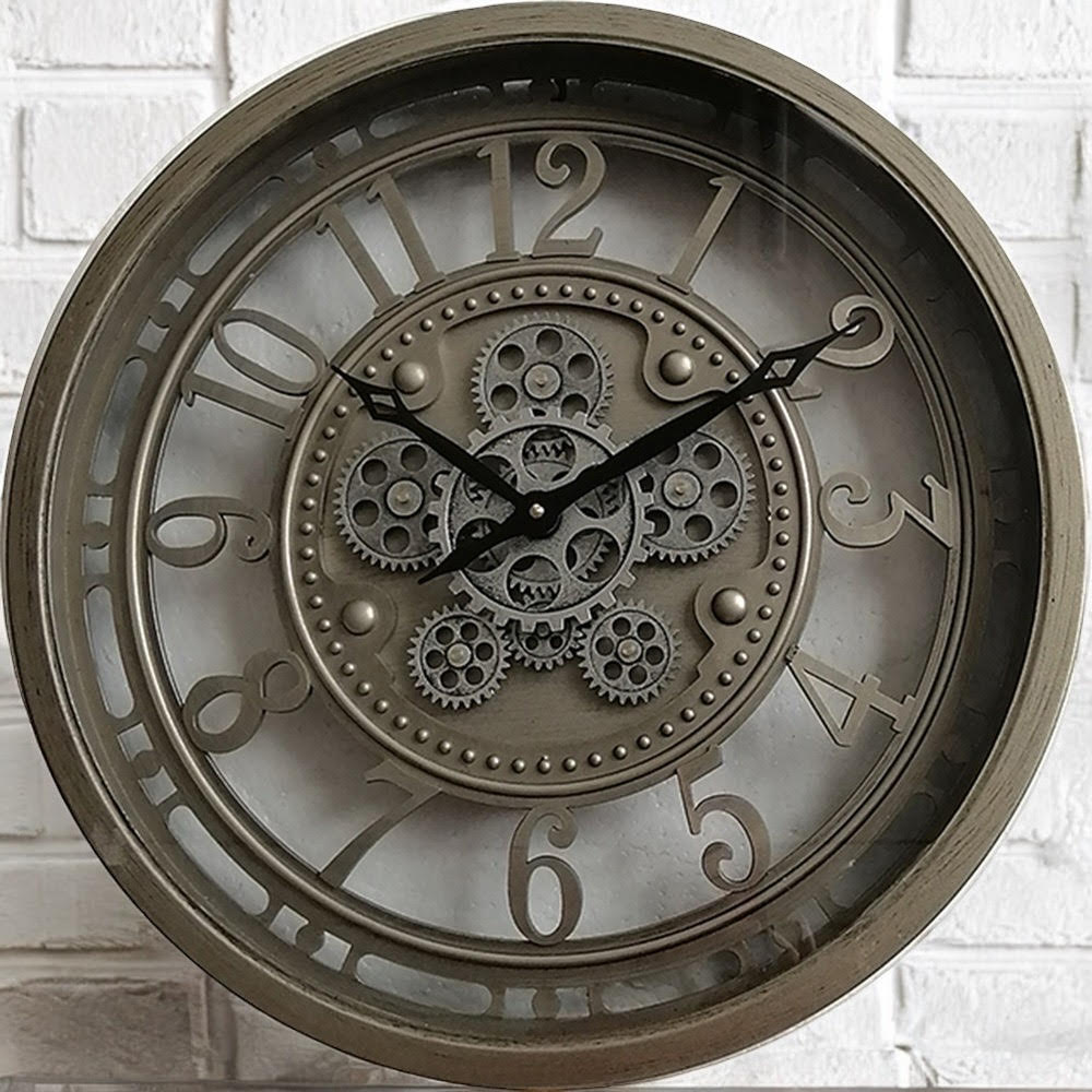 Stylish & Premium Elegant Wall Clock with Moving Gears - Round Metal Frame, Art Deco Style, Quartz Battery Movement for Dining Room, Living Rooms, Office, or Home Office Décor. (Grey Globe 46cm)
