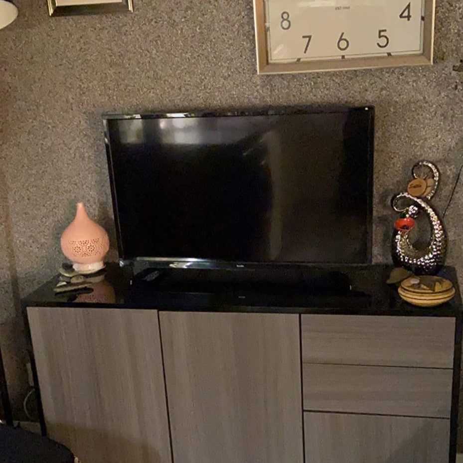 HOMCOM High Gloss Side Cabinet, Push-Open Design with 2 Drawers and 2 Cabinets for Living Room, 74H x 117W x 36Dcm, Light Grey and Black