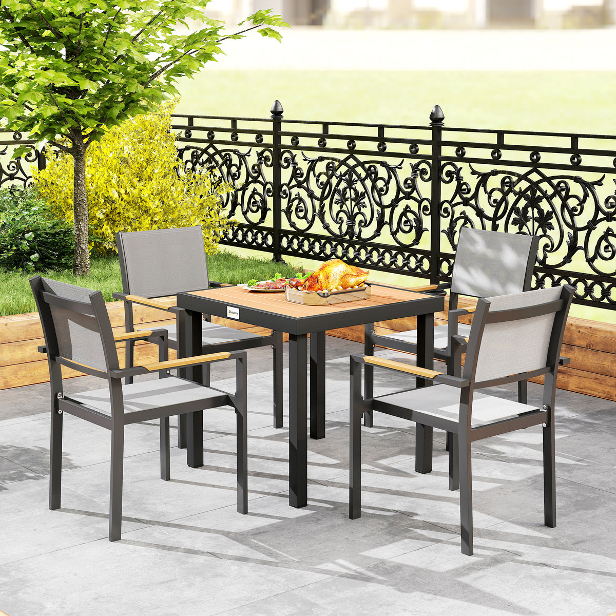 Outsunny 78 cm Garden Dining Table for 4 People, Square Outdoor Coffee End Side Table with Aluminium Legs, Natural Wood Finish