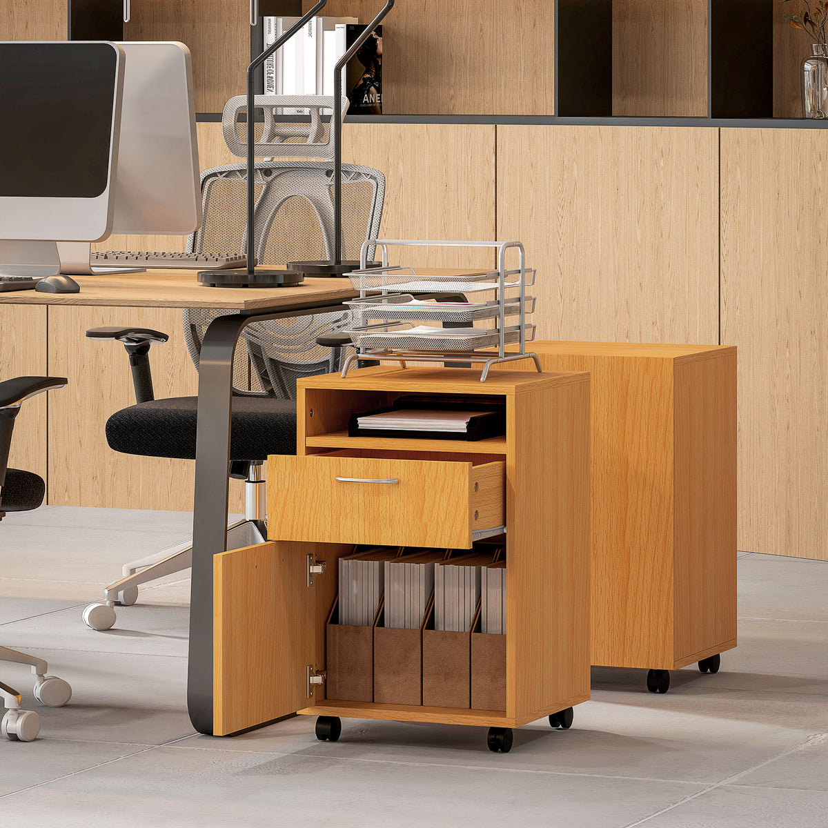 HOMCOM Filing Cabinet, Mobile File Cabinet with 2 Lockable Drawers, Office Home Organiser on Wheels for A4, Letter-Size File Folders, Mobile Printer with Open Shelf, Natural Wood Finish
