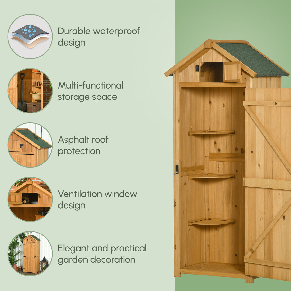 Outsunny Garden Shed Wood Outdoor Garden Tool Storage Unit with 3 Detachable Shelves, 77 x 54.2 x 179cm, Brown