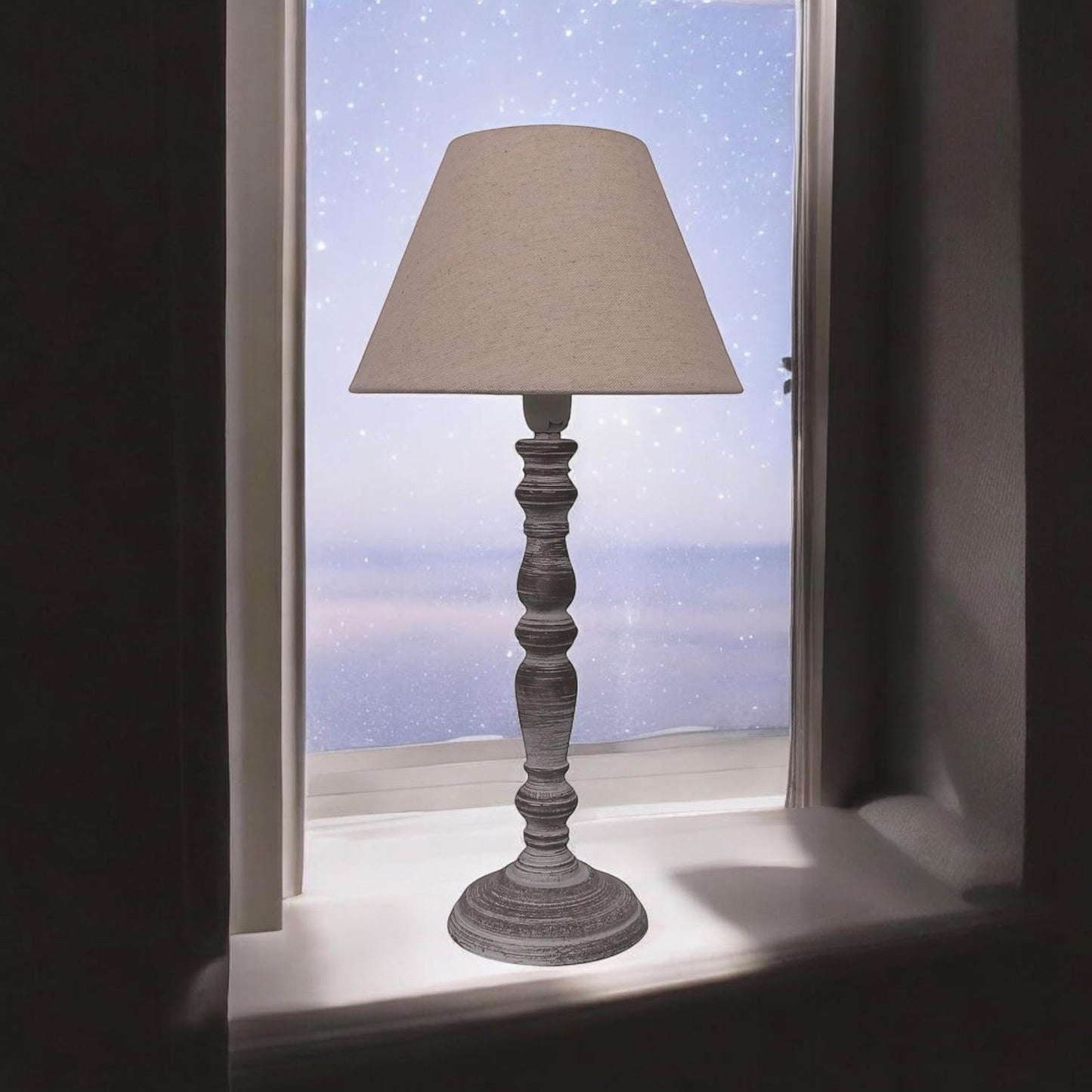 AcaciaHome Modern Tall Wooden Washed Table Lamp - Traditional Shabby Chic Design with Taupe Linen Shade, Wood Effect Finish for Living Rooms, Bedrooms, or Hallways Decor (32cm Grey with Brown Shade)