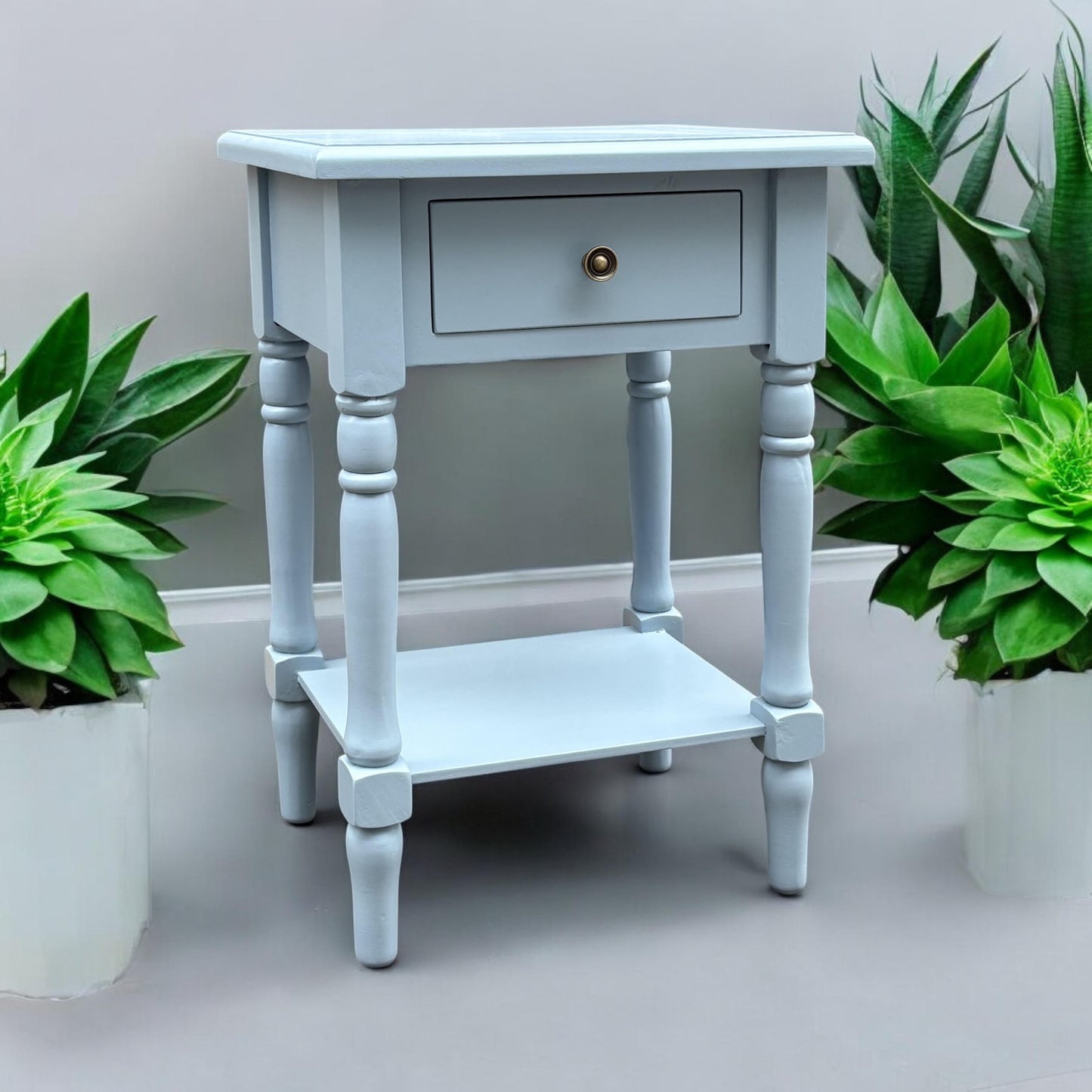 Modern and Stylish Bedside Wooden Side Table with 1 Drawer and Shelf - Sleek Art Deco Solid Pine Wood Side Tables with Storage for Home, Office, Living Room, and Hallways Decor (Solid, Sky Blue)